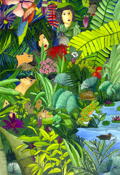 Garden of Life - People in the Tropical Heliconias, Ginger Flowers, and Leaves